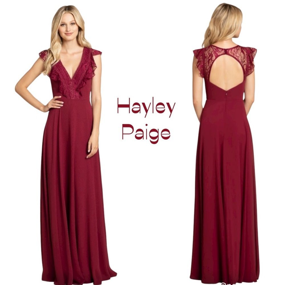 Hayley Paige Burgundy Lace Romantic Feminine Evening Maxi Dress NWOT Size 12